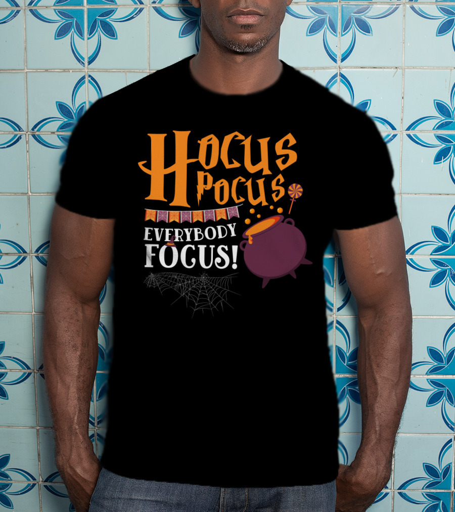 Hocus Pocus Everybody Focus Cauldron Banner Lollipop Spiderweb Halloween T-Shirt