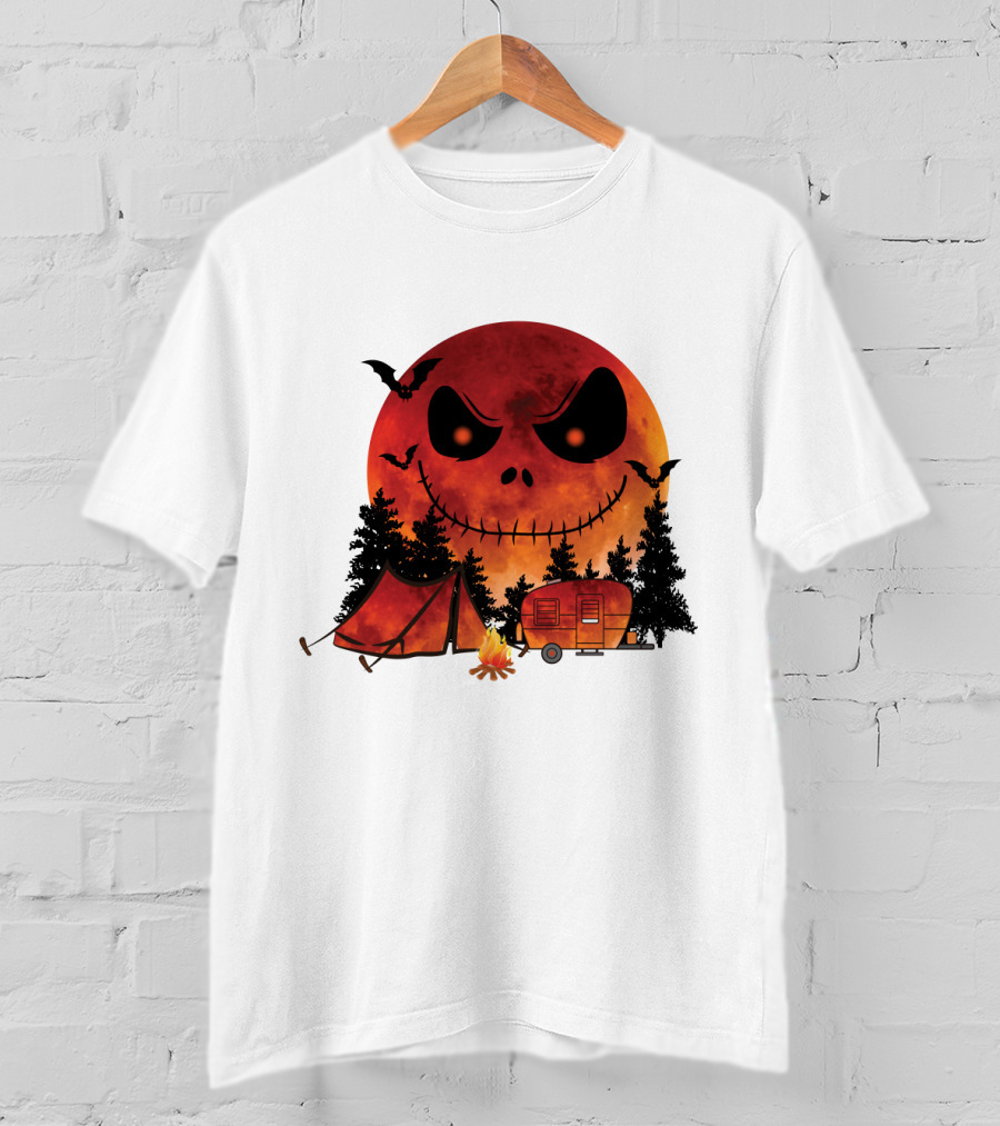 Jack Skellington Halloween Camping Under Blood Moon With Tent And Camper T-Shirt