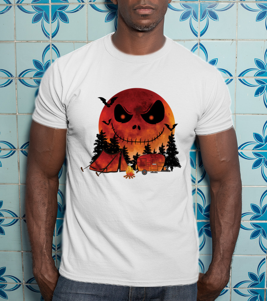Jack Skellington Halloween Camping Under Blood Moon With Tent And Camper T-Shirt