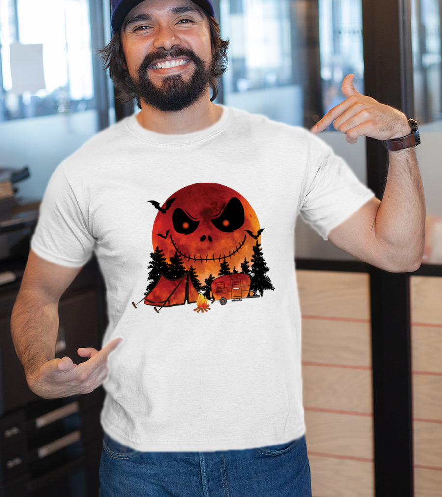 Jack Skellington Halloween Camping Under Blood Moon With Tent And Camper T-Shirt