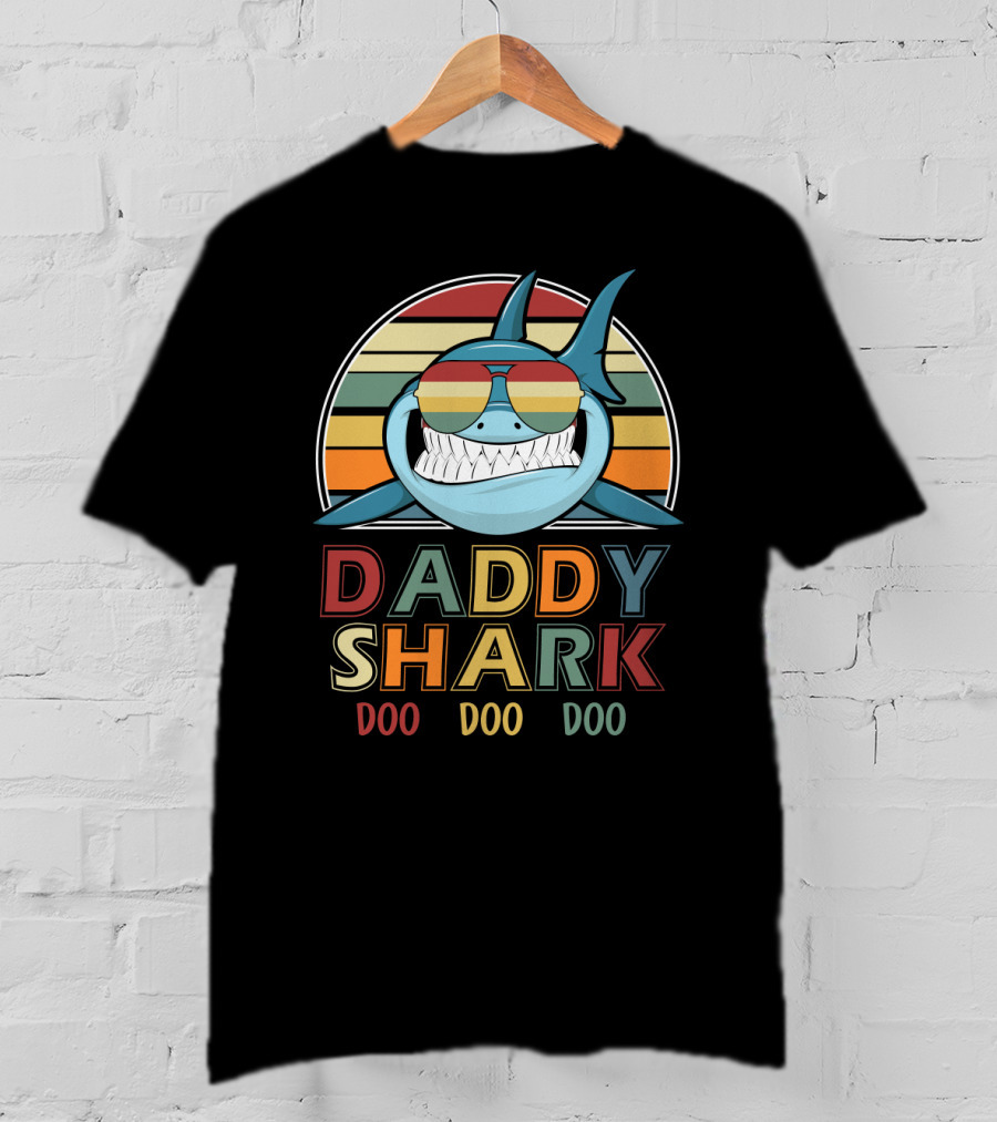 Daddy Shark Retro Vintage Doo Doo Doo Sunglasses Rainbow Stripes T-Shirt