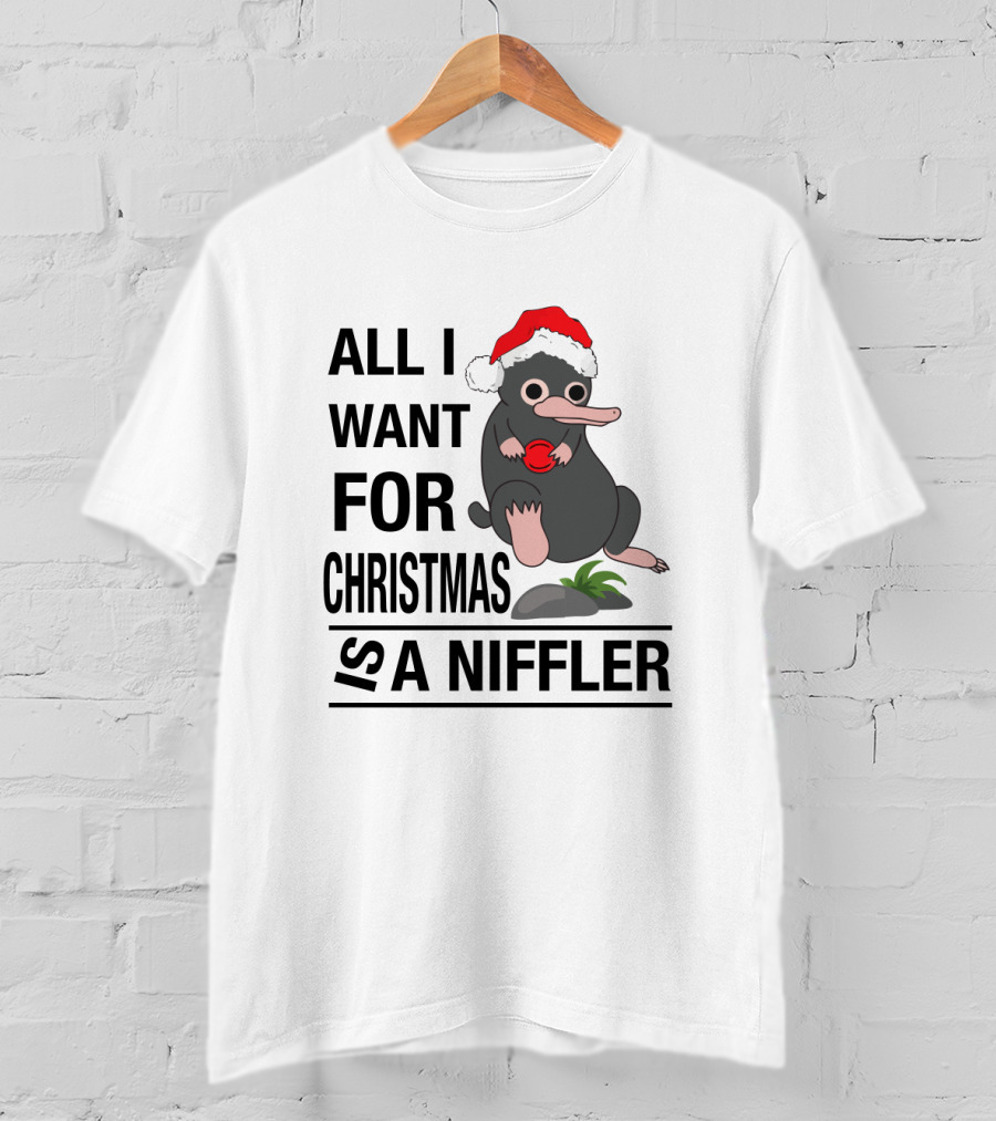 All I Want For Christmas Is A Niffler Wearing Santa Hat Holding Red T-Shirt