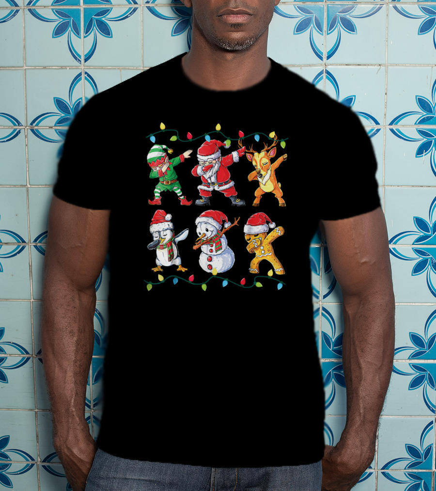 Santa Elf Snowman Penguin Reindeer Gingerbread Dabbing Christmas Lights T-Shirt