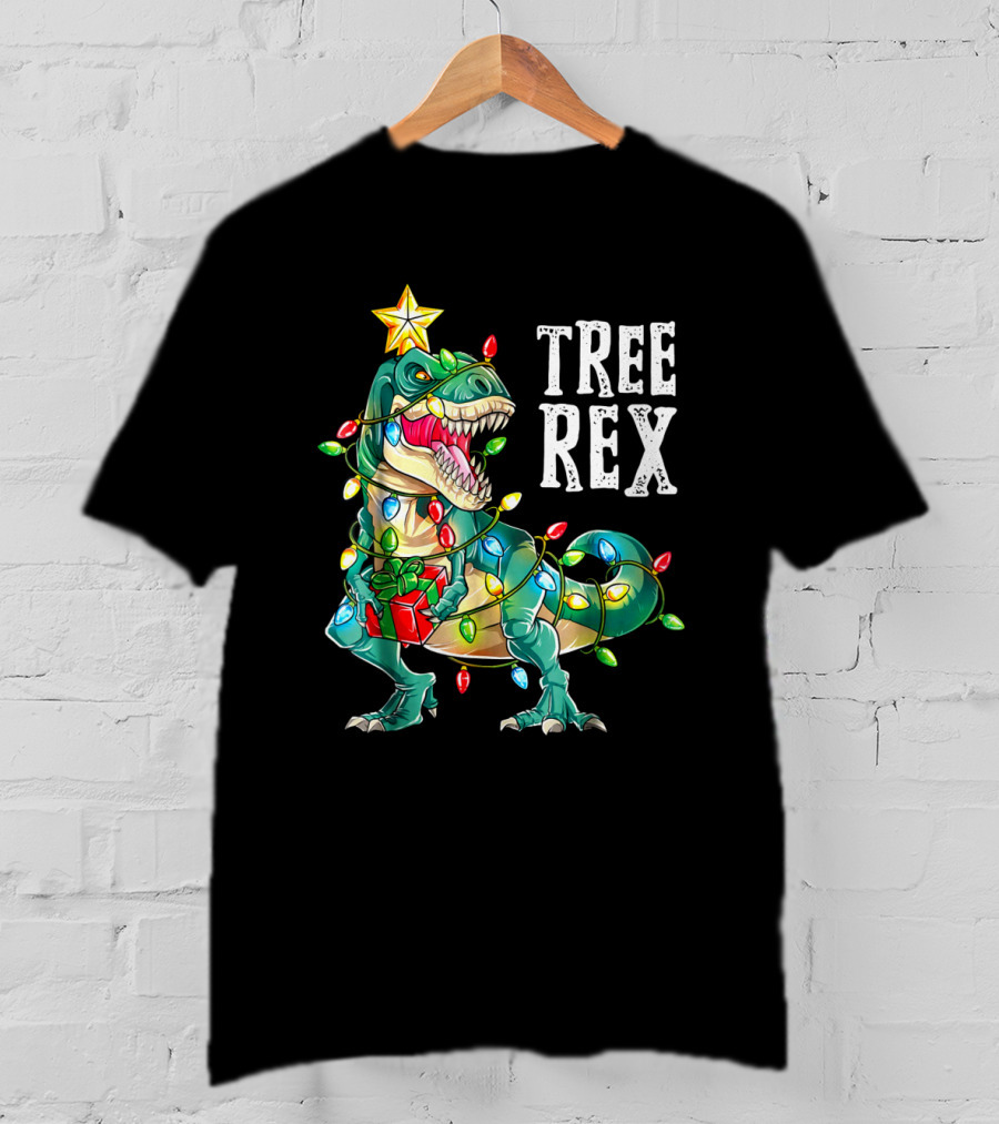 Tree Rex Dinosaur Christmas Lights With Gift And Star T-Shirt