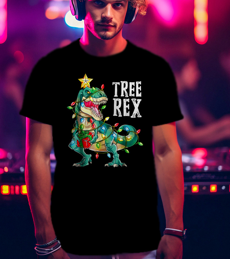Tree Rex Dinosaur Christmas Lights With Gift And Star T-Shirt