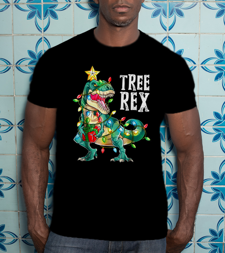 Tree Rex Dinosaur Christmas Lights With Gift And Star T-Shirt