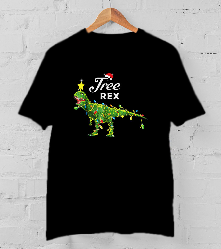 Free Rex Dinosaur Christmas Festive Lights Santa Hat Star Topper T-Shirt