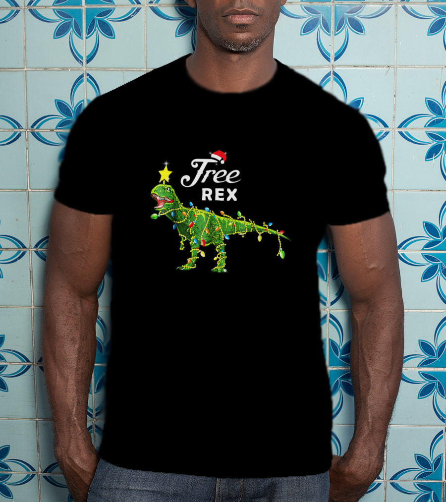 Free Rex Dinosaur Christmas Festive Lights Santa Hat Star Topper T-Shirt