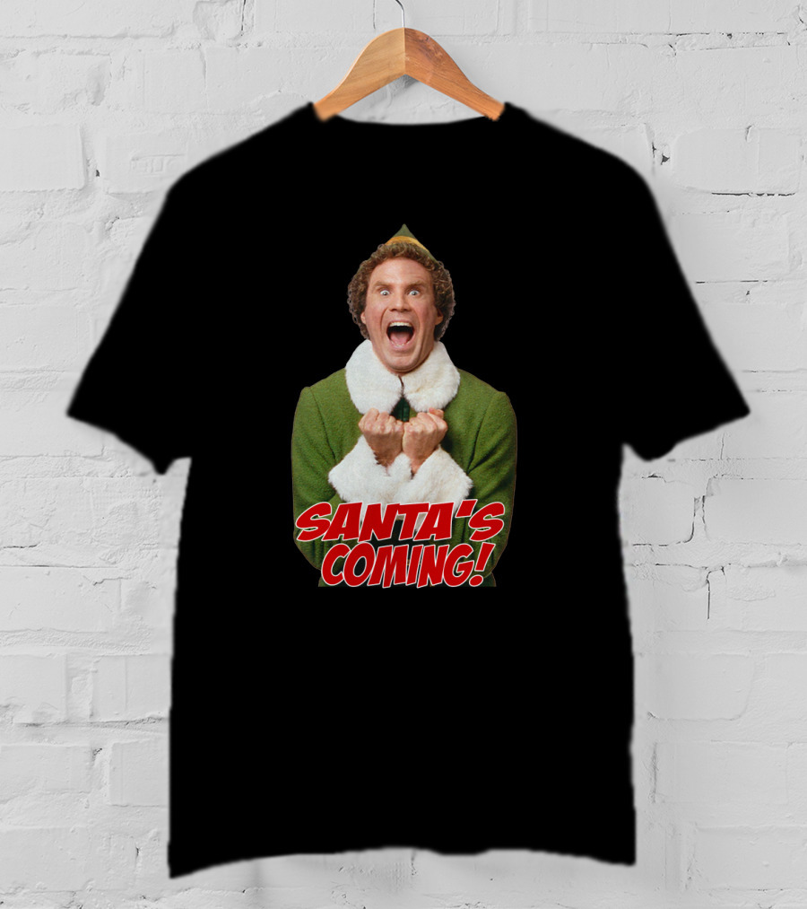 Santa's Coming Excited Elf Green Holiday T-Shirt