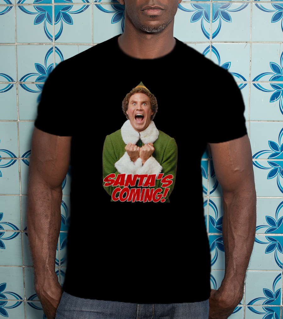 Santa's Coming Excited Elf Green Holiday T-Shirt