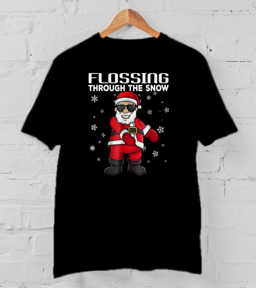 Flossing Through The Snow Santa Claus Sunglasses Surrounded By Snowflakes T-Shirt