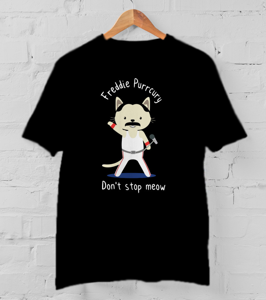 Freddie Purrcury Don't Stop Meow Illustration Of Cat With Microphone In Iconic White T-Shirt