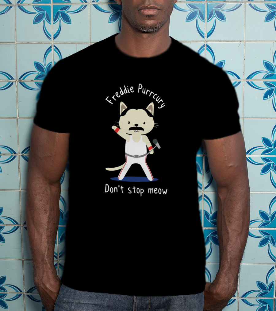 Freddie Purrcury Don't Stop Meow Illustration Of Cat With Microphone In Iconic White T-Shirt