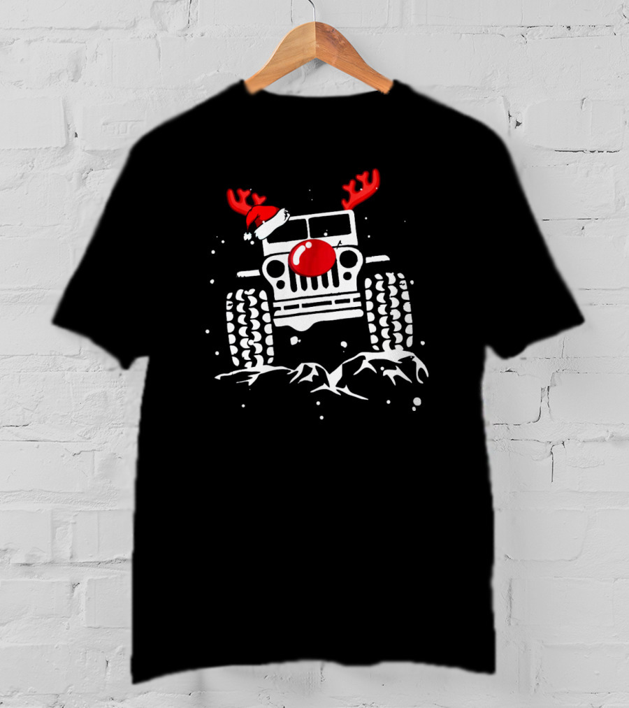 Jeep With Reindeer Antlers Santa Hat And Red Nose Christmas Holiday T-Shirt
