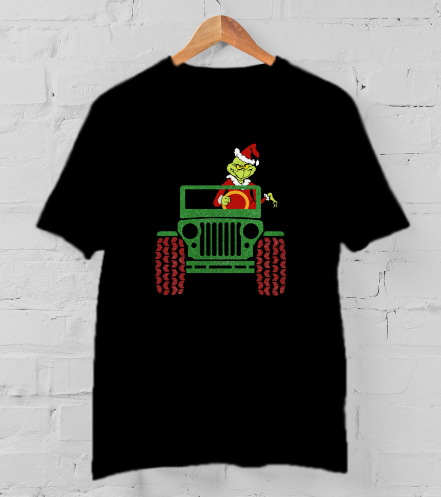 Grinch Santa Drives Christmas Green Jeep With Red Wheels T-Shirt