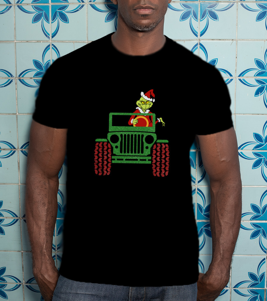 Grinch Santa Drives Christmas Green Jeep With Red Wheels T-Shirt