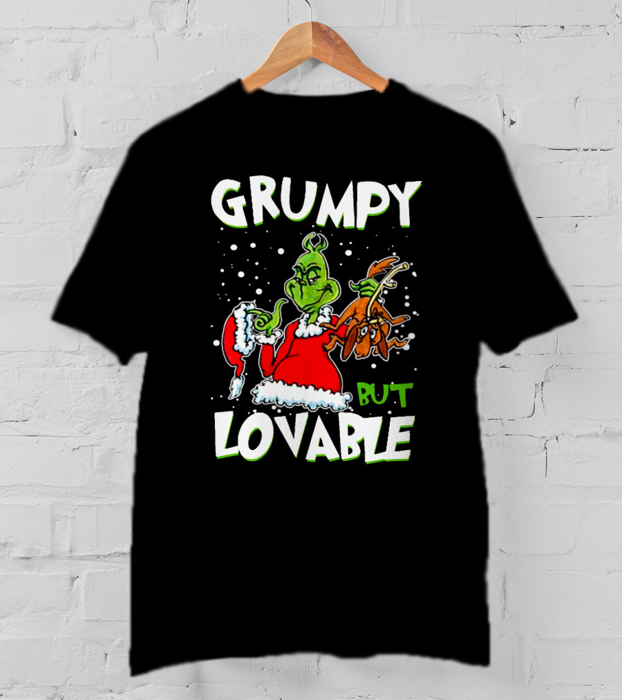 Grumpy But Lovable Grinch In Santa Suit Holding Max Illustrated T-Shirt