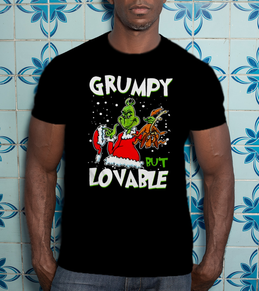 Grumpy But Lovable Grinch In Santa Suit Holding Max Illustrated T-Shirt