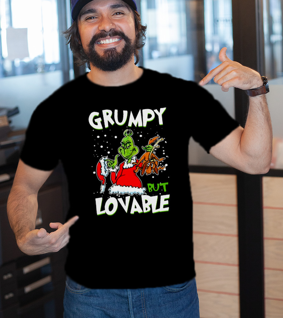 Grumpy But Lovable Grinch In Santa Suit Holding Max Illustrated T-Shirt