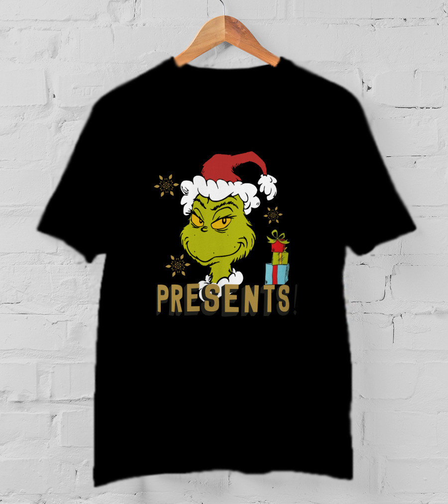 I'm Here For The Presents Grinch Santa Hat Snowflakes T-Shirt