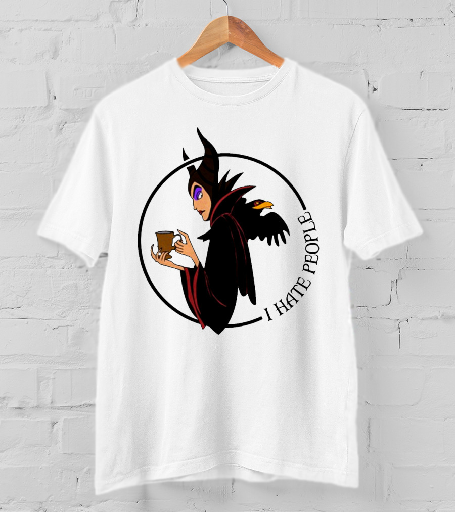 Maleficent Coffee Holding With I Hate People Text And Raven On Shoulder T-Shirt