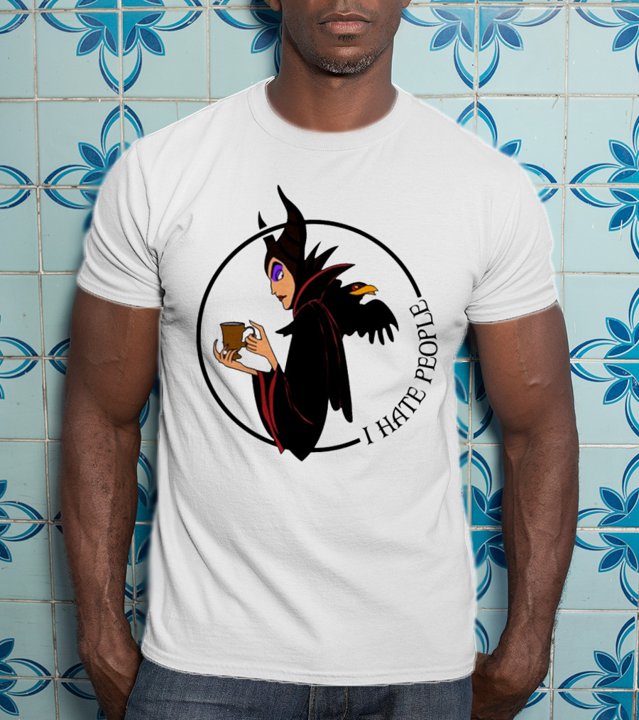 Maleficent Coffee Holding With I Hate People Text And Raven On Shoulder T-Shirt