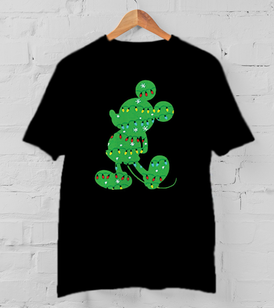 Mickey Mouse Silhouette With Festive Christmas Lights And Green Holiday T-Shirt