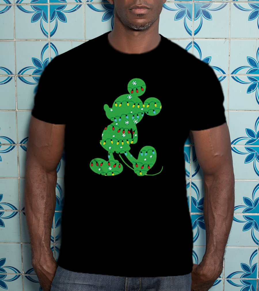 Mickey Mouse Silhouette With Festive Christmas Lights And Green Holiday T-Shirt