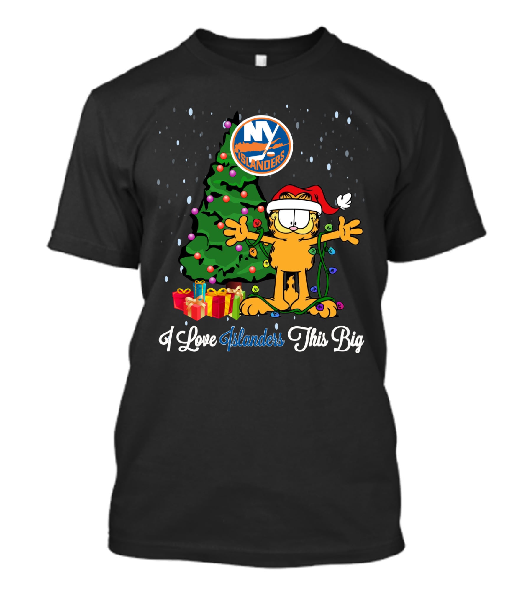 I Love New York Islanders This Big Christmas Tree Santa Hat Presents Garfield T-Shirt