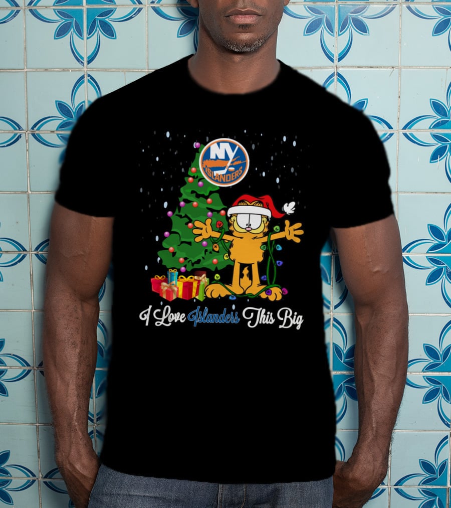 I Love New York Islanders This Big Christmas Tree Santa Hat Presents Garfield T-Shirt