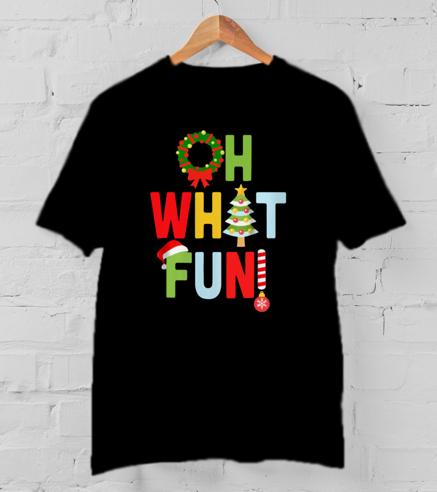 Oh What Fun Christmas With Wreath, Tree, Santa Hat, And Candy Cane T-Shirt