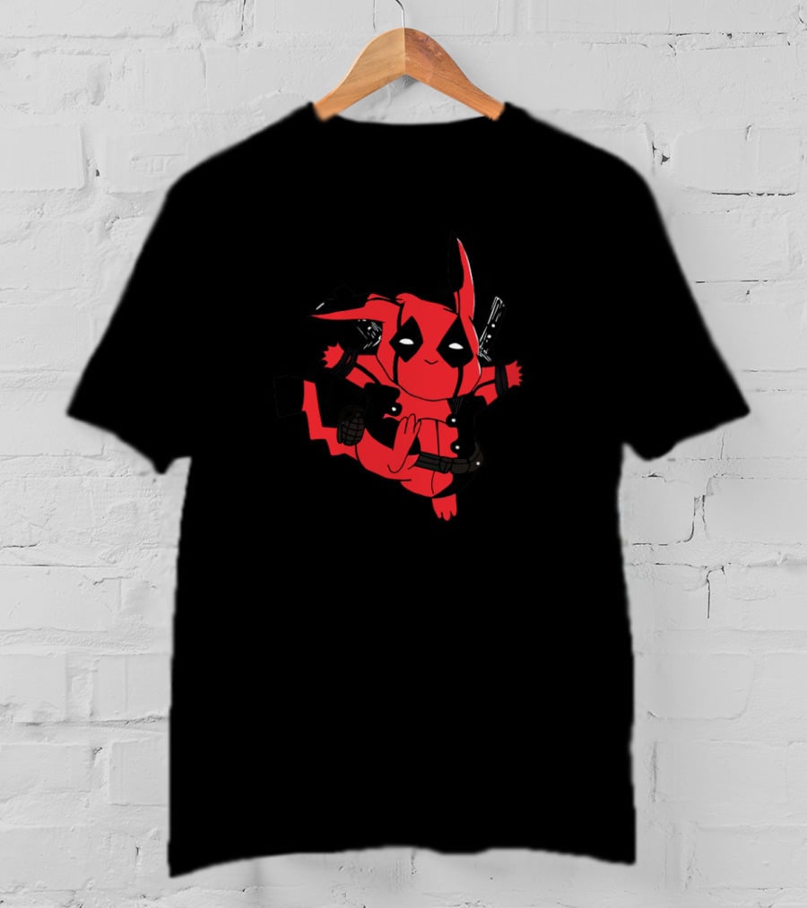Pikachu Deadpool Crossover Character With Red Suit And Swords T-Shirt