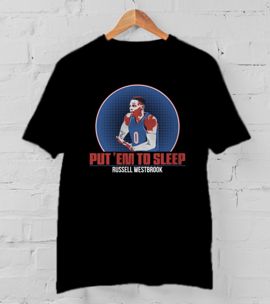 Russell Westbrook PUT 'EM TO SLEEP Basketball Image With Blue And Red Athletic T-Shirt