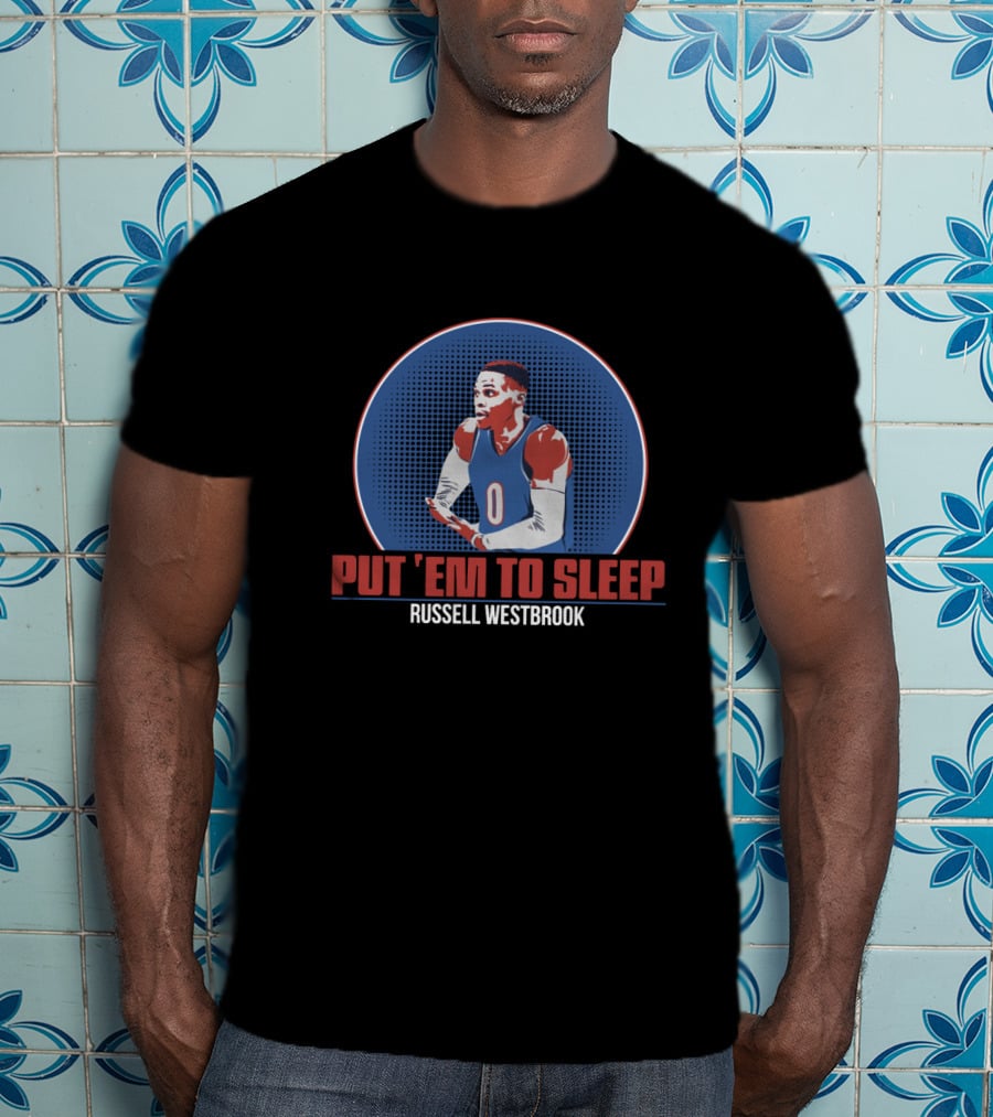 Russell Westbrook PUT 'EM TO SLEEP Basketball Image With Blue And Red Athletic T-Shirt