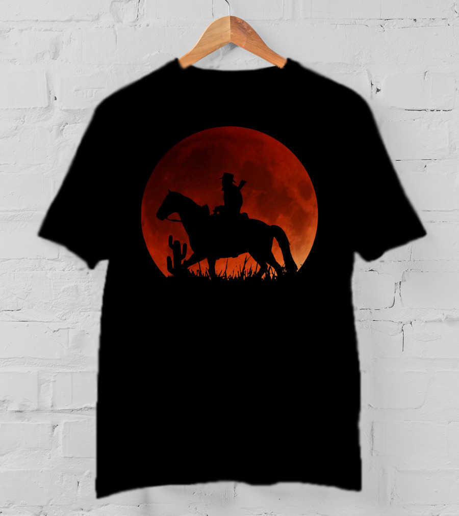 Red Moon Cowboy Riding Silhouette Red Dead Redemption T-Shirt