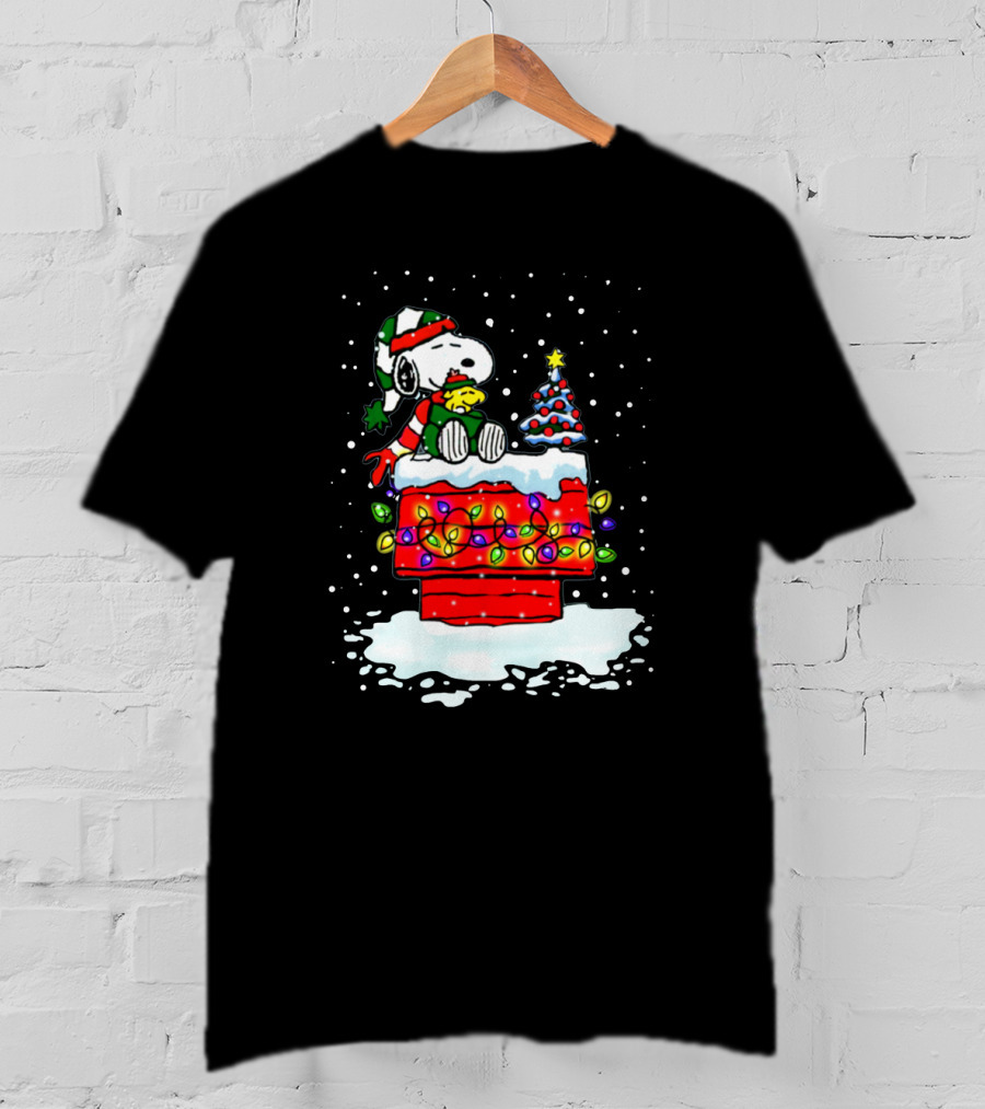 Snoopy Christmas Lights On Doghouse With Woodstock And Winter Scene From Peanuts T-Shirt