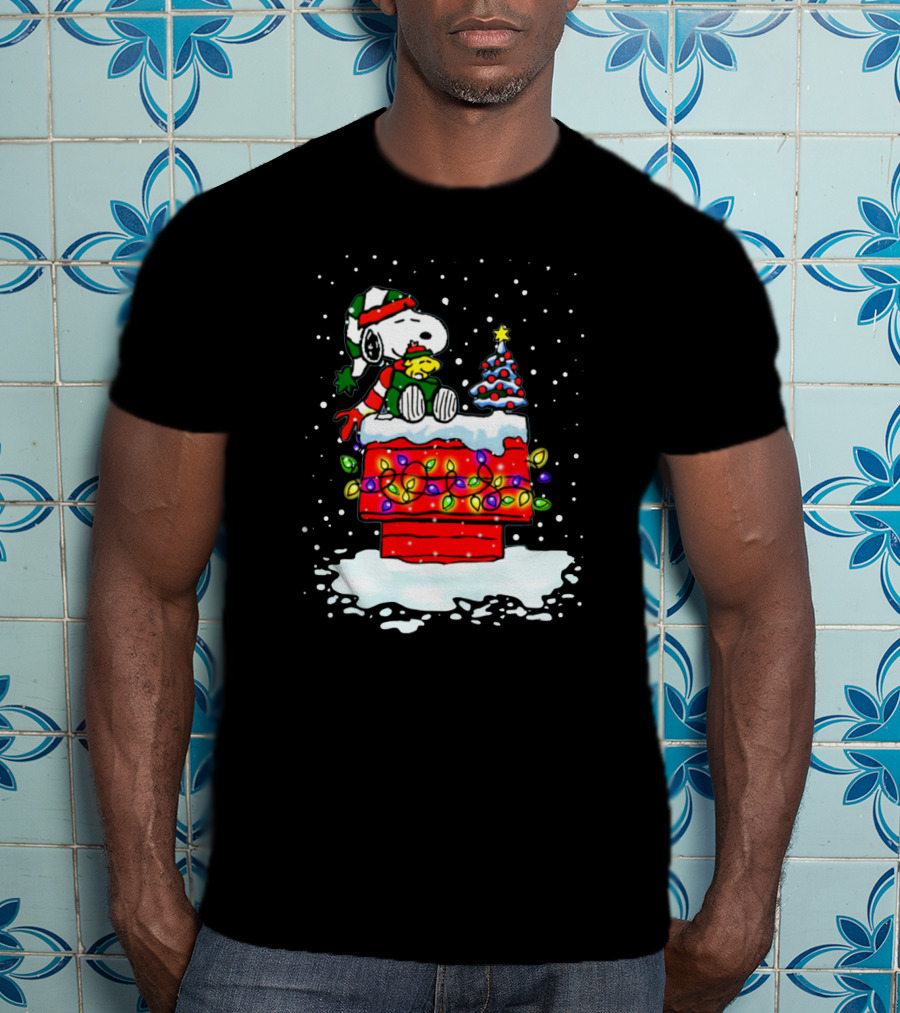 Snoopy Christmas Lights On Doghouse With Woodstock And Winter Scene From Peanuts T-Shirt