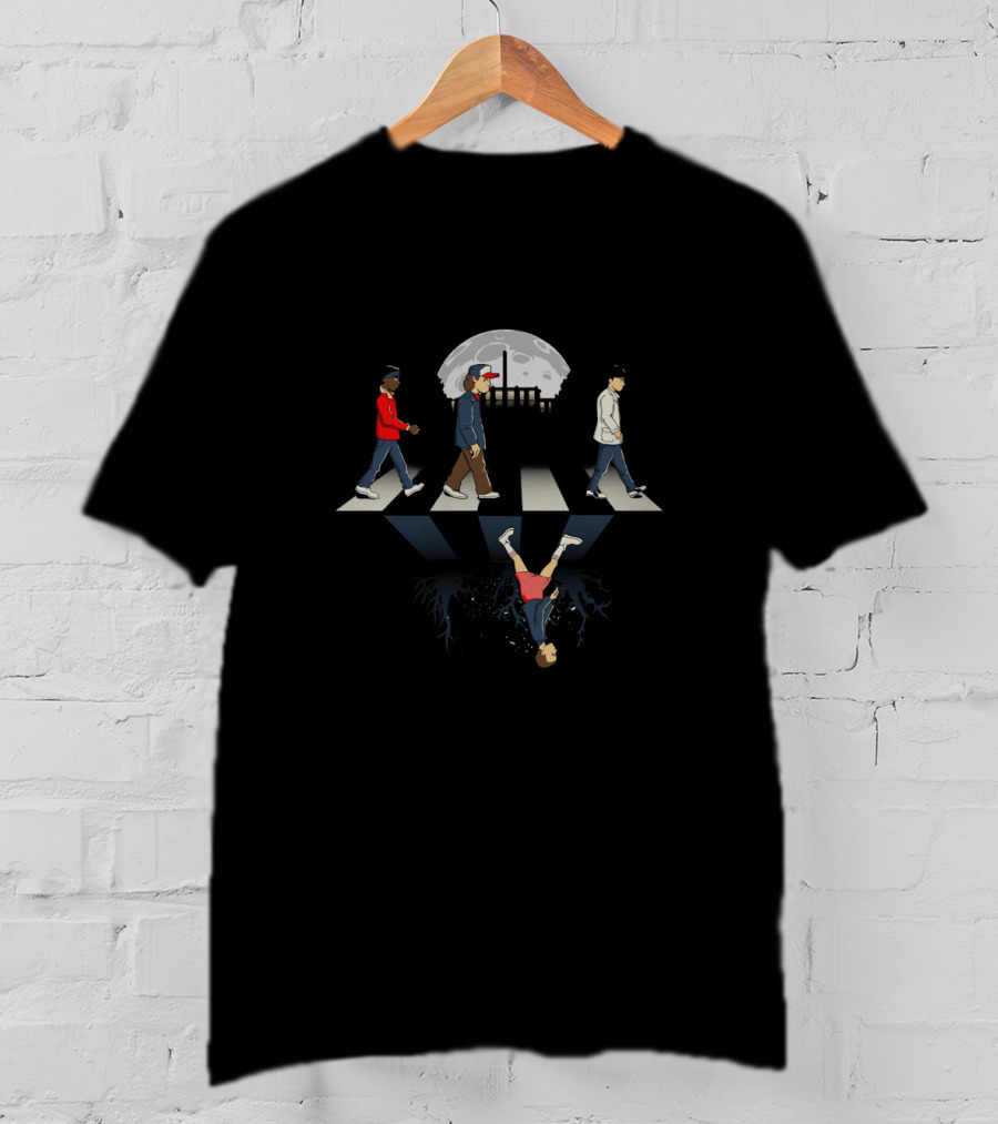 Stranger Things Abbey Road Combo Characters Crossing Moon Walking Upside Down T-Shirt