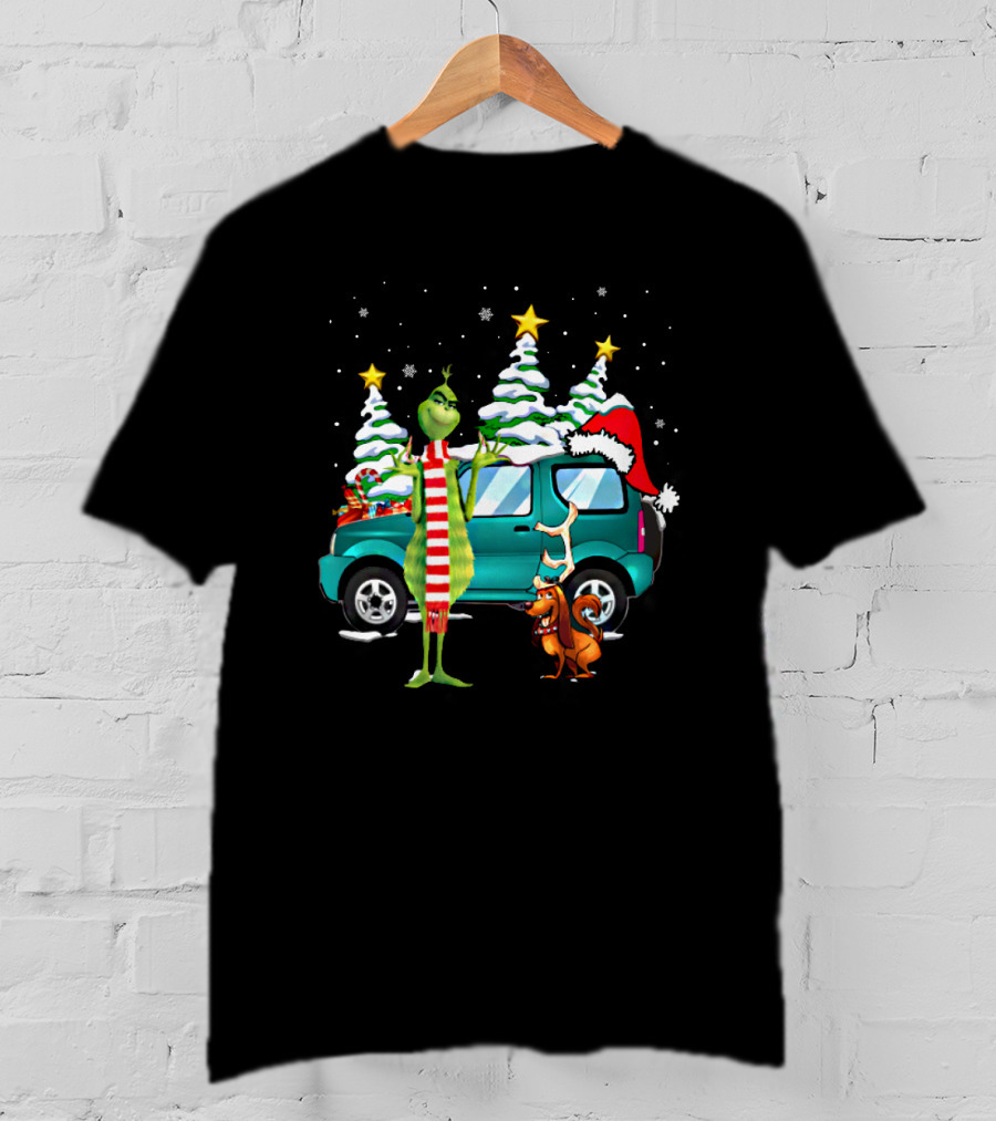 Grinch Max Dog Christmas Snow Trees Santa Hat Car Scene T-Shirt