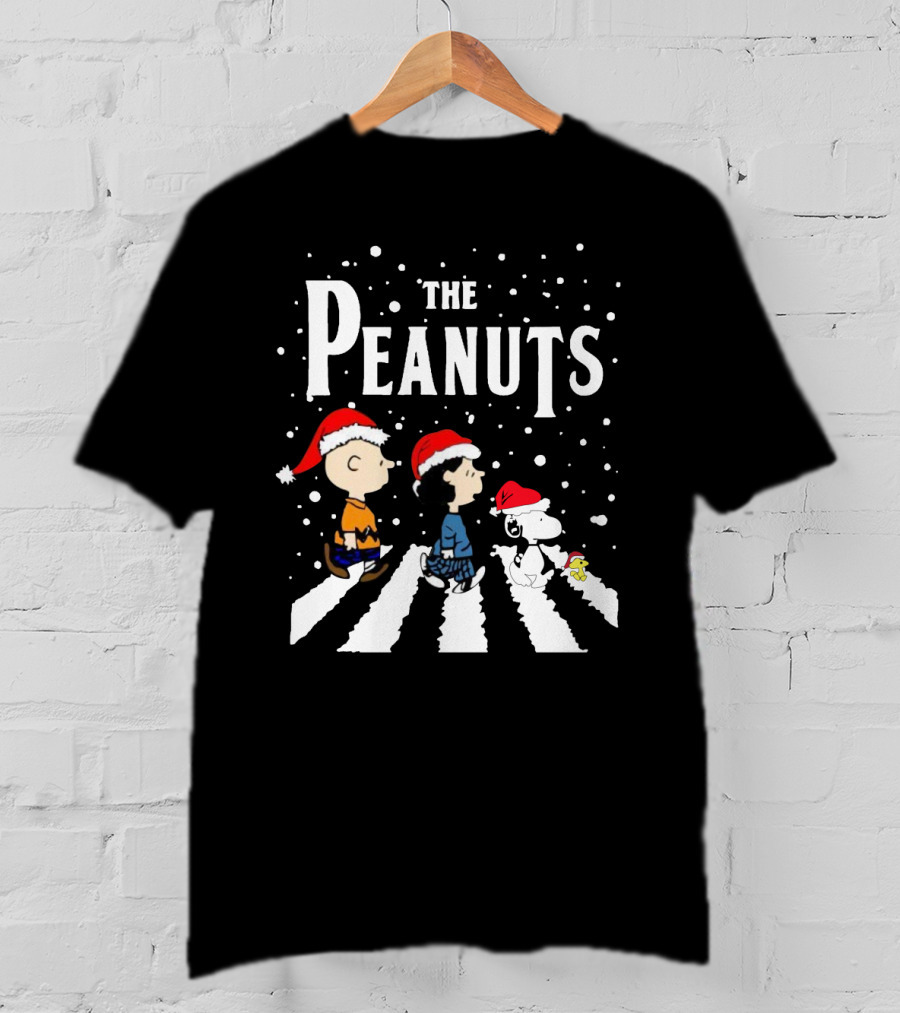 The Peanuts Christmas Abbey Road With Snoopy And Friends In Santa Hats T-Shirt