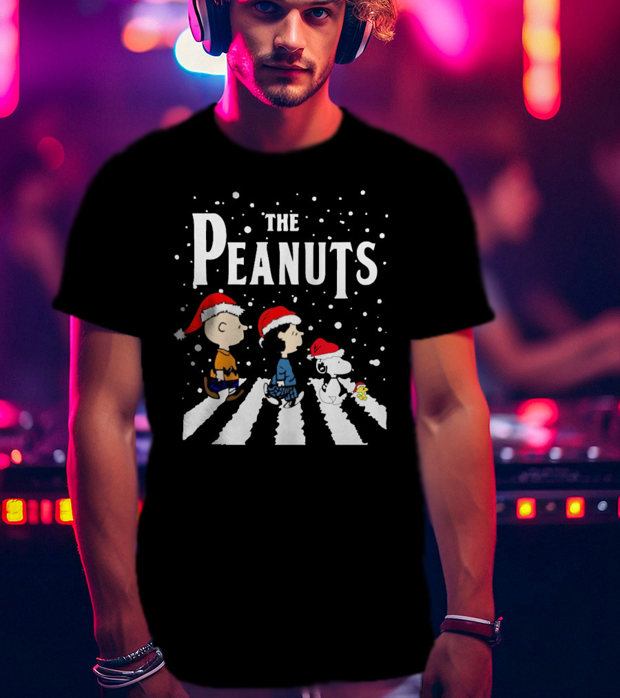The Peanuts Christmas Abbey Road With Snoopy And Friends In Santa Hats T-Shirt
