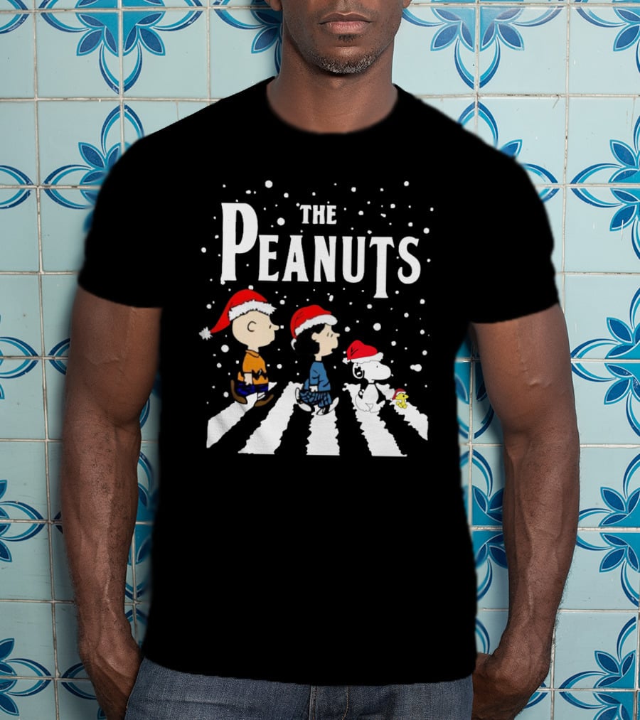 The Peanuts Christmas Abbey Road With Snoopy And Friends In Santa Hats T-Shirt