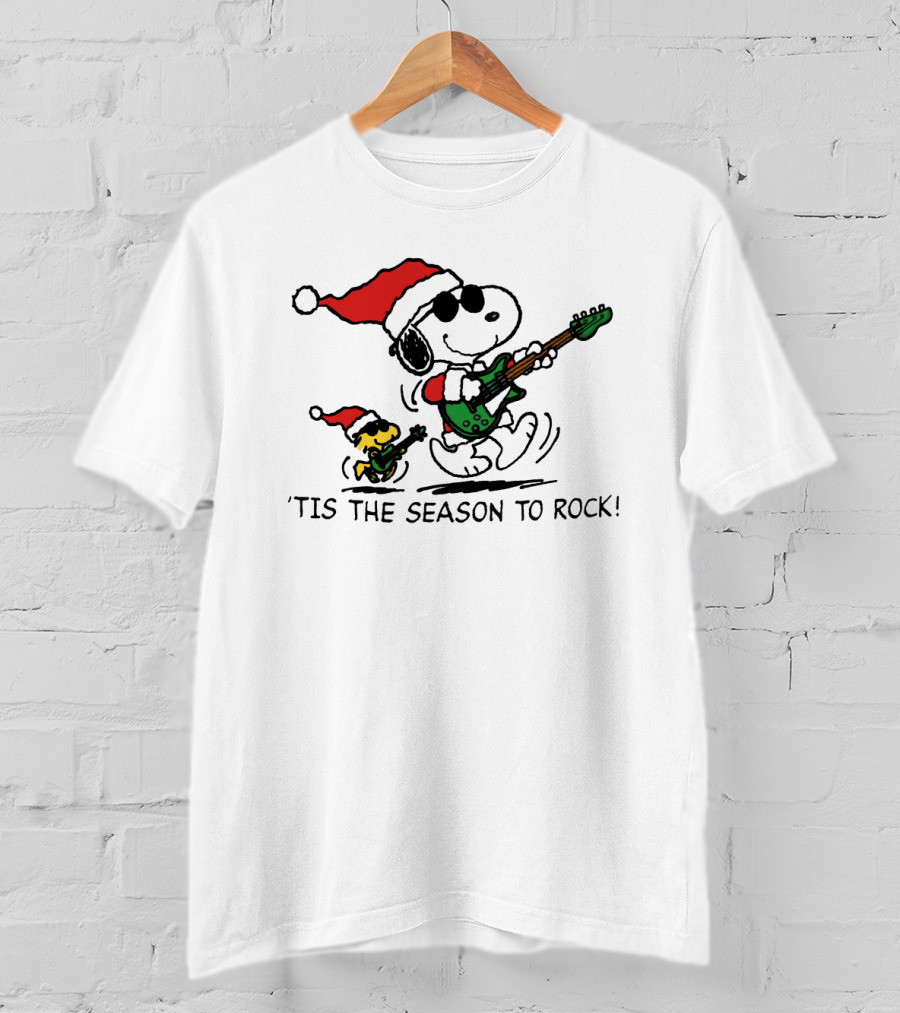 Snoopy And Woodstock Santa Rocking Guitars 'Tis The Season To Rock T-Shirt