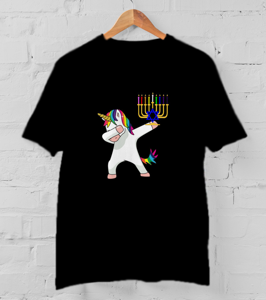Unicorn Dabbing With Menorah Hanukkah Rainbow Mane And Tail T-Shirt