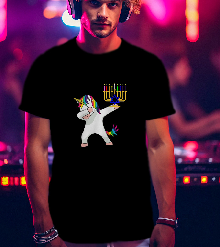 Unicorn Dabbing With Menorah Hanukkah Rainbow Mane And Tail T-Shirt