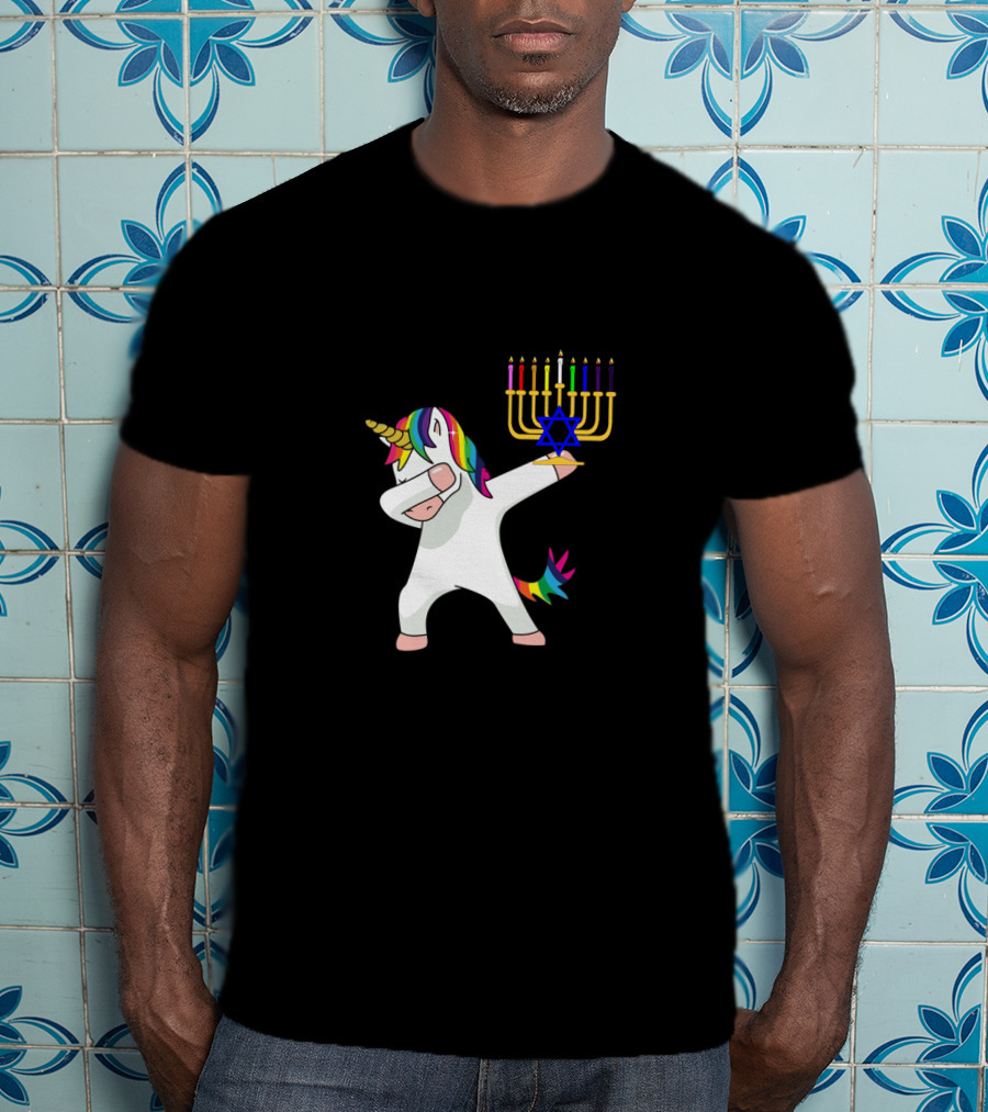 Unicorn Dabbing With Menorah Hanukkah Rainbow Mane And Tail T-Shirt