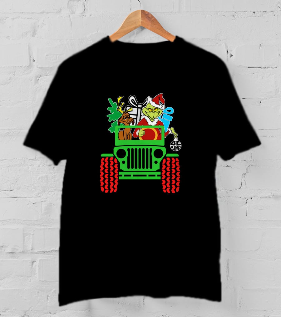 Be Kind Christmas Grinch And Dog In Jeep With Gifts T-Shirt