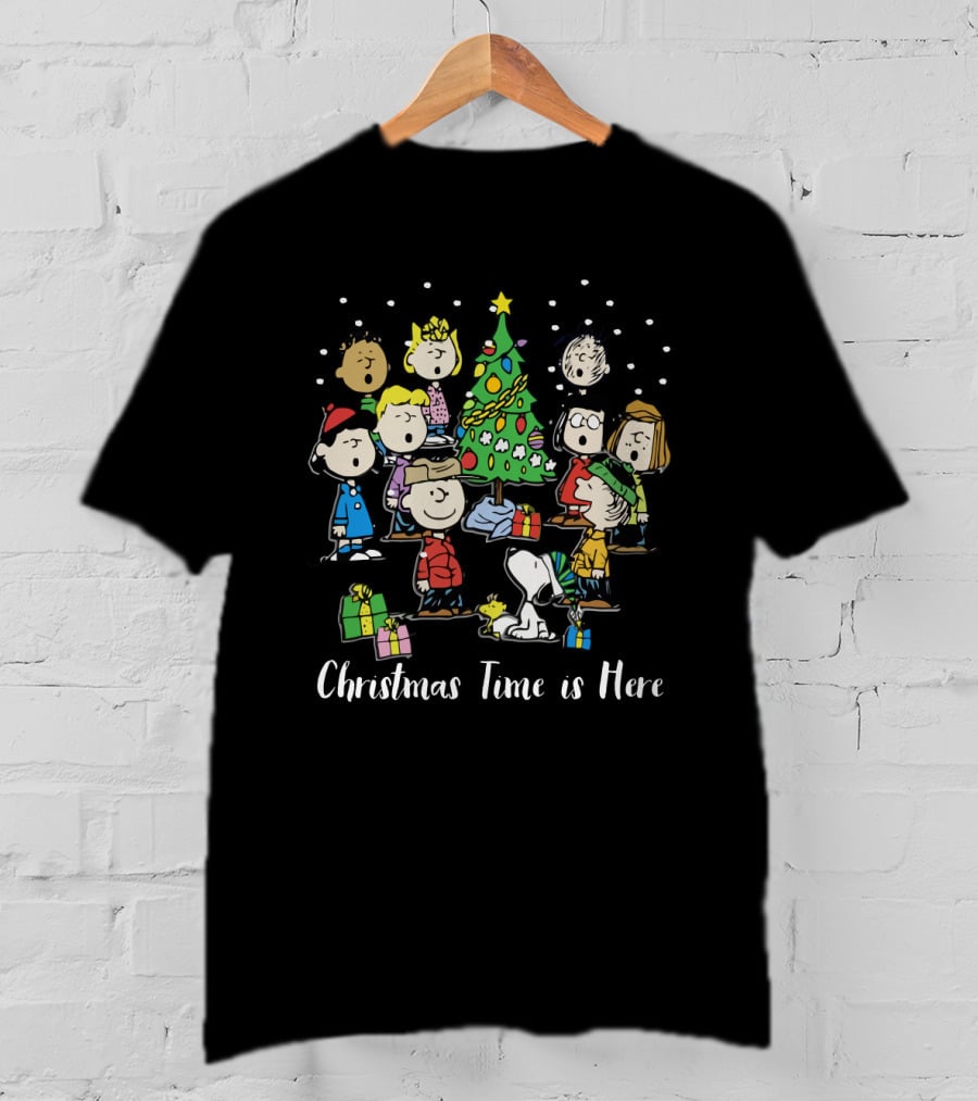 Peanuts Christmas Time Is Here Snoopy And Characters Around Christmas Tree T-Shirt