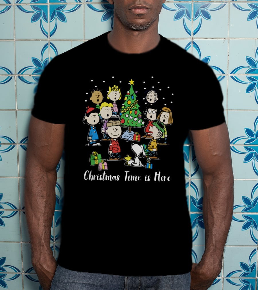 Peanuts Christmas Time Is Here Snoopy And Characters Around Christmas Tree T-Shirt