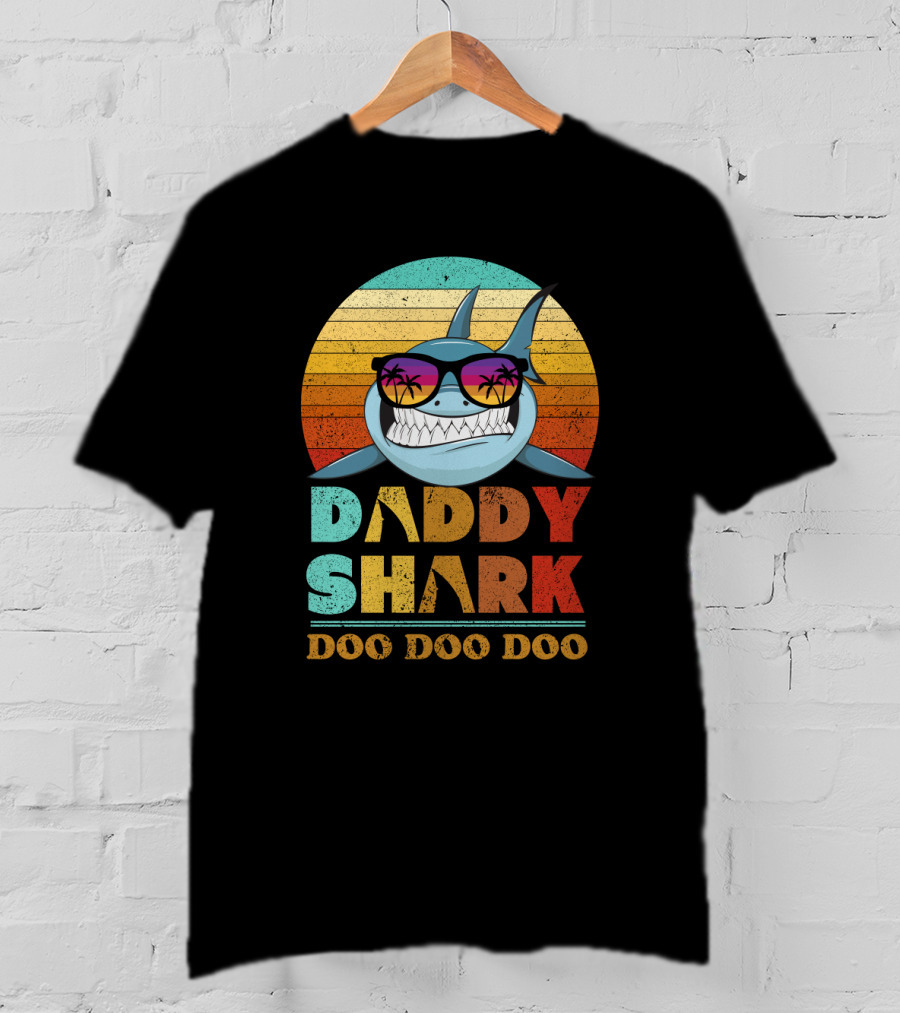 Daddy Shark Doo Doo Doo Retro Sunset Sunglasses Palms Colorful T-Shirt